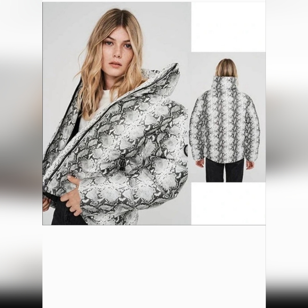 NOIZE Jozy Vegan Faux Leather Snake Print Midweight Puffer Jacket M NWT